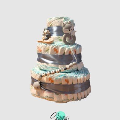Pack Regalo Bebé Personalizado Girona – Tarta De Pañales, Mordedor De Madera Y Chupetero Con Nombre2